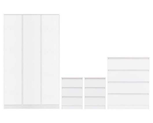A white furniture set consisting of a tall wardrobe with four doors, a small drawer unit with three drawers, a matching chest with two drawers, and a five-drawer dresser, all shown on a plain white background.