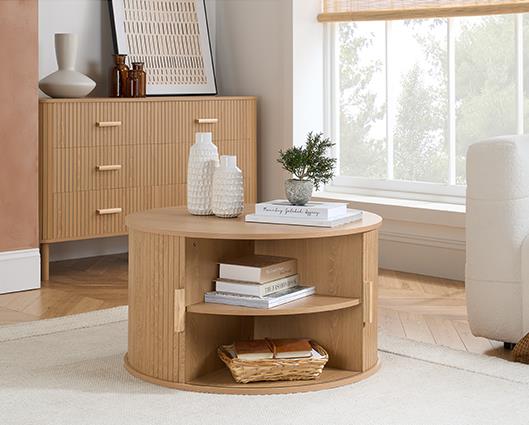 Axel Round Fluted Coffee Table with Storage - Oak