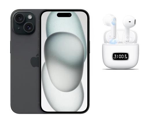 Refurbished Apple iPhone 15 128GB Black with Wireless Headphones