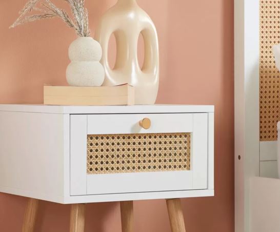 Catalina 1 Drawer Rattan Bedside- White