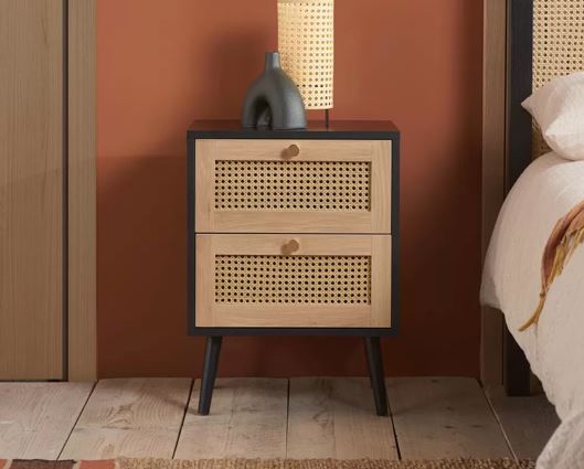 Catalina 2 Drawer Rattan Bedside- Black
