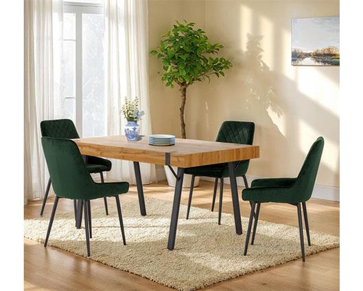 TREVISO & AVERY DINING SET (X4 CHAIRS) - LIGHT OAK EFFECT/EMERALD GREEN VELVET