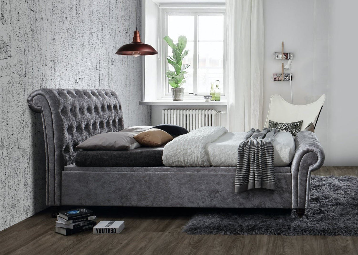 Charlton Side Lift Ottoman Super King Bed - Steel Crushed Velvet