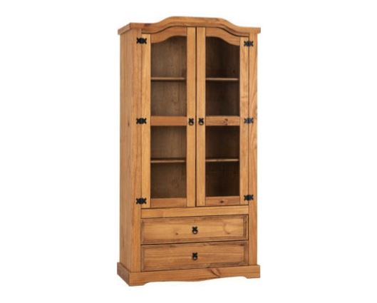 Corona 2 Door 2 Drawer Glass Display Unit - Distressed Waxed Pine/Clear Glass