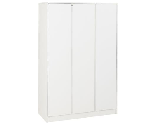 A modern three-door wardrobe or closet cabinet in solid white, shown from a three-quarter angle against a plain white background.