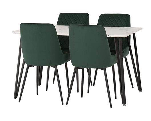 MARLOW & AVERY DINING SET (X4 CHAIRS) - WHITE MARBLE/EMERALD GREEN VELVET