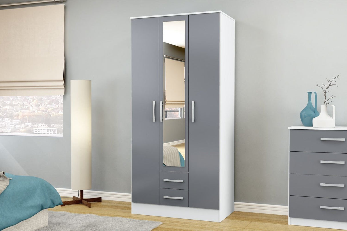 Larz 3 Door 2 Drawer Wardrobe With Mirror - White & Grey