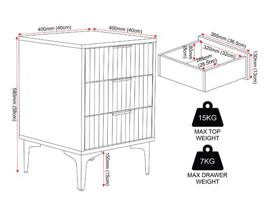 MIAMI 3 DRAWER BEDSIDE - WHITE/GOLD