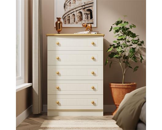 Warwick 5 Drawer Chest - Cream Ash with Modern Oak Top