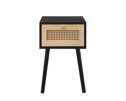 Catalina 1 Drawer Rattan Bedside- Black