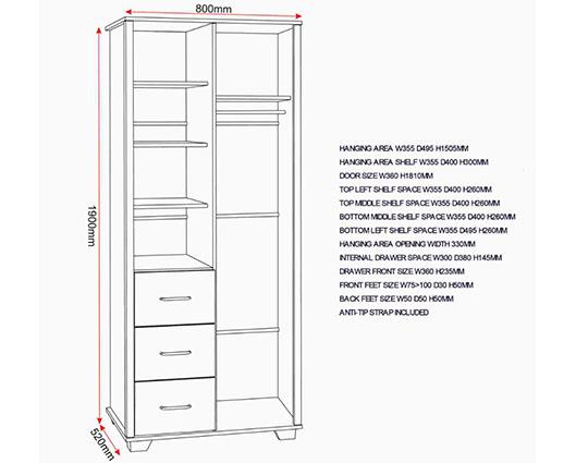 OLIVER 1 DOOR 3 DRAWER OPEN SHELF WARDROBE - LIGHT OAK EFFECT