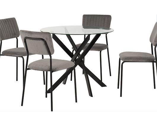 SHELDON ROUND GLASS TOP DINING SET (X4 CHAIRS) - CLEAR GLASS/GREY VELVET FABRIC