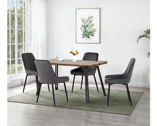 QUEBEC WAVE & AVERY DINING SET (X4 CHAIRS) - MEDIUM OAK EFFECT/GREY VELVET