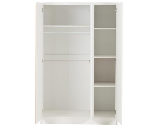 A white three-door wardrobe or closet organizer with two doors open, showing interior shelves and storage compartments against a plain white background.
