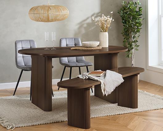 Axel Oval Fluted Dining Table with 2 Fabric Chairs and 1 Bench - Walnut