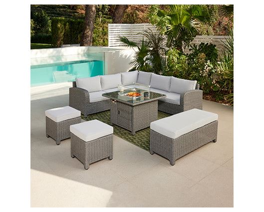 Hadley D.GreyRattan Crnr 5Seat FirepitTable+2stool+bench+Cov