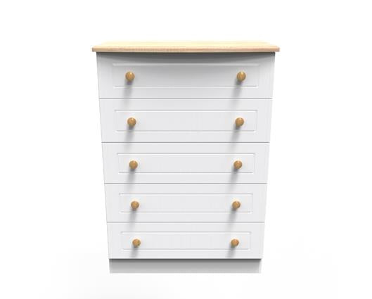 Warwick 5 Drawer Chest - White Matt with Bardolino Oak Top