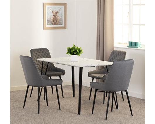 MARLOW & AVERY DINING SET (X4 CHAIRS) - WHITE MARBLE/GREY VELVET
