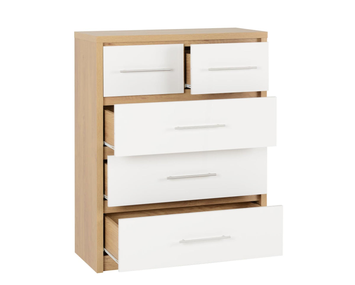 Santos 3+2 Drawer Chest - White High Gloss/Light Oak Effect Veneer