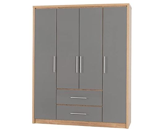 Santos 4 Door 2 Drawer Wardrobe - Grey High Gloss/Light Oak Effect Veneer