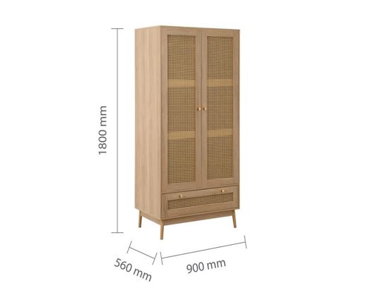 Croxley 2 Door 1 Drawer Rattan Wardrobe- Oak