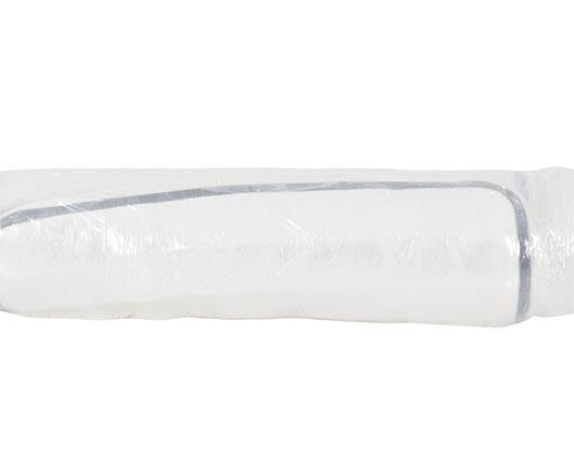 A white cylindrical mattress product, wrapped in clear plastic packaging with a gray stripe detail, shown against a plain white background.