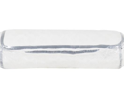 A white cylindrical roll up mattress wrapped in clear plastic packaging, shown against a plain white background.