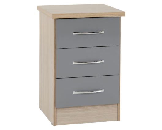 Neptune 3 Drawer Bedside Chest - Grey Gloss/Light Oak Effect Veneer