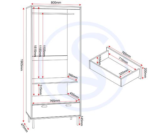 LEON 2 DOOR 1 DRAWER WARDROBE - MEDIUM OAK EFFECT