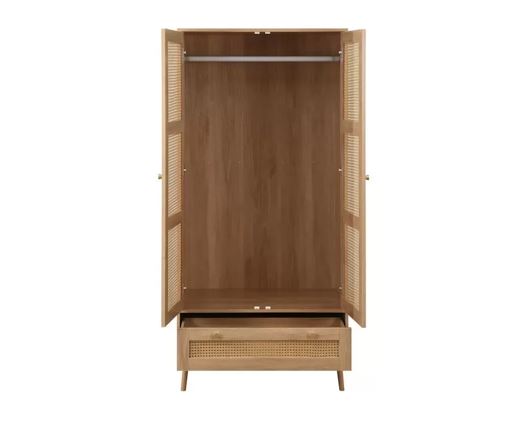 Croxley 2 Door 1 Drawer Rattan Wardrobe- Oak