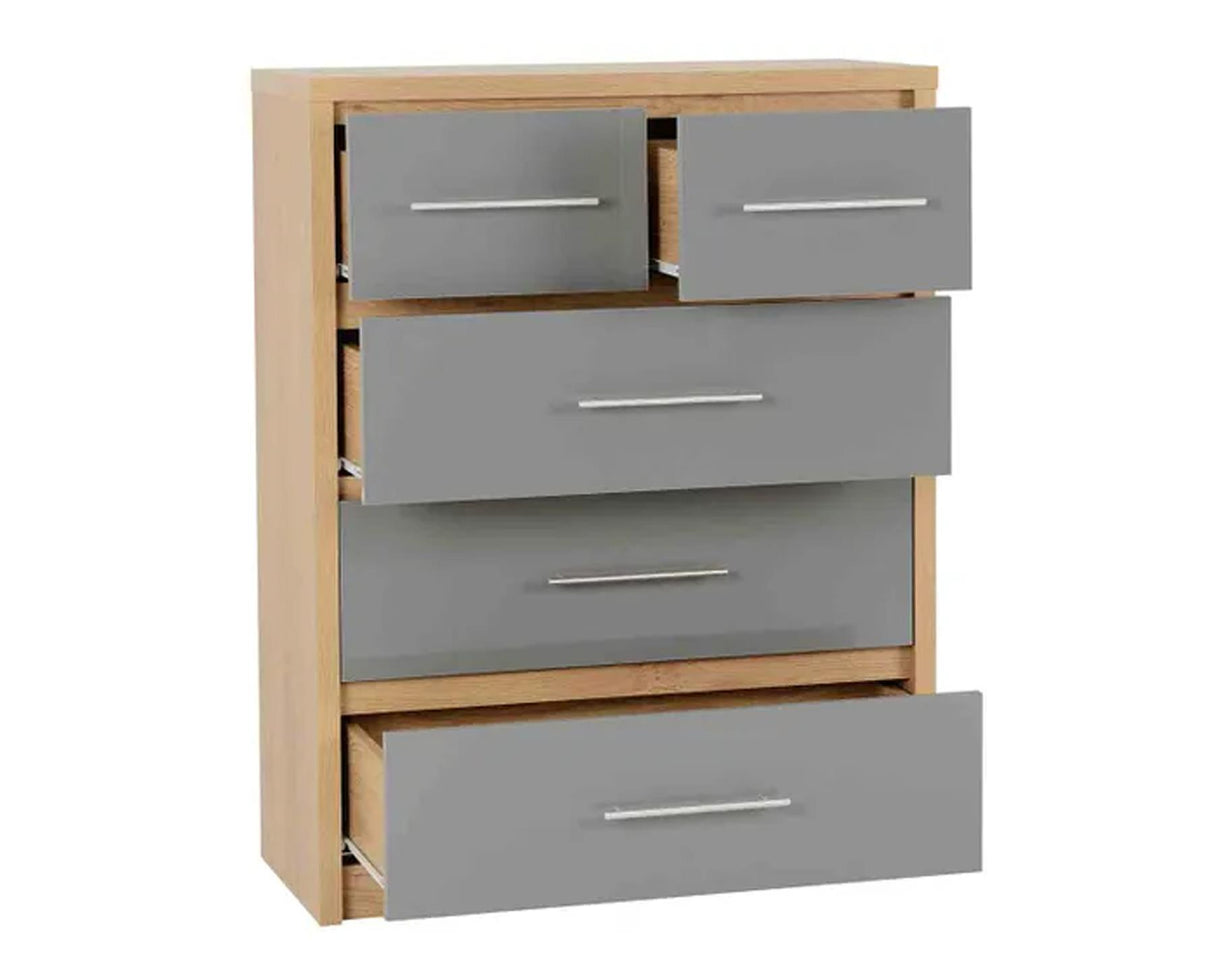 Santos 3+2 Drawer Chest - Grey High Gloss/Light Oak Effect Veneer