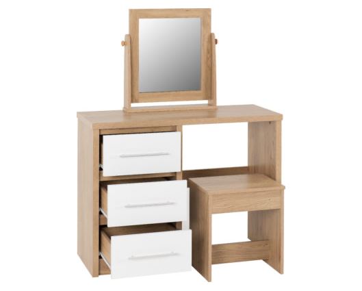 Santos 3 Drawer Dressing Table Set - White High Gloss/Light Oak Effect Veneer