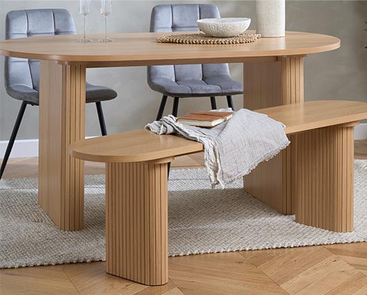 Axel Oval Fluted Dining Table with 2 Fabric Chairs and 1 Bench - Oak