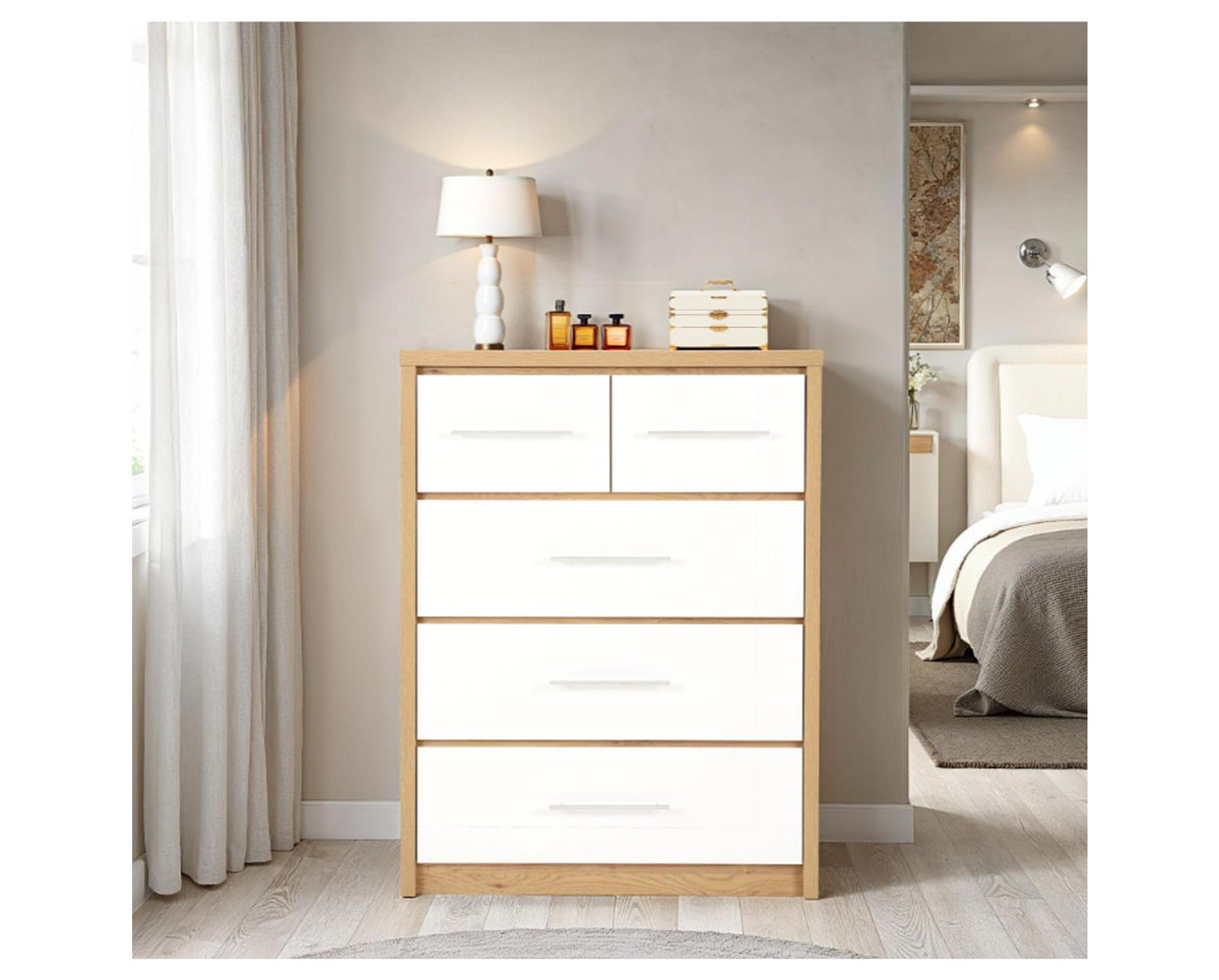 Santos 3+2 Drawer Chest - White High Gloss/Light Oak Effect Veneer