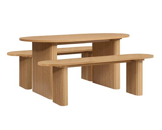 Axel Oval Fluted Dining Table with 2 Benches - Oak