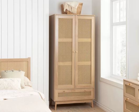 Croxley 2 Door 1 Drawer Rattan Wardrobe- Oak
