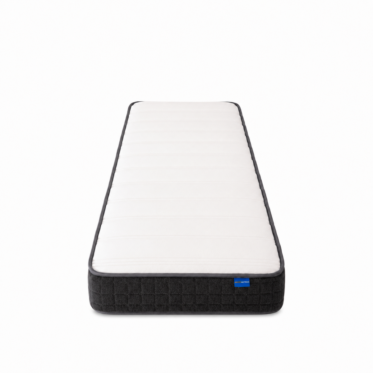 A single mattress shown from a top-down perspective on a clean white background. The mattress features a white quilted top surface with a dark gray or black textured base and a small blue brand tag on the right side.