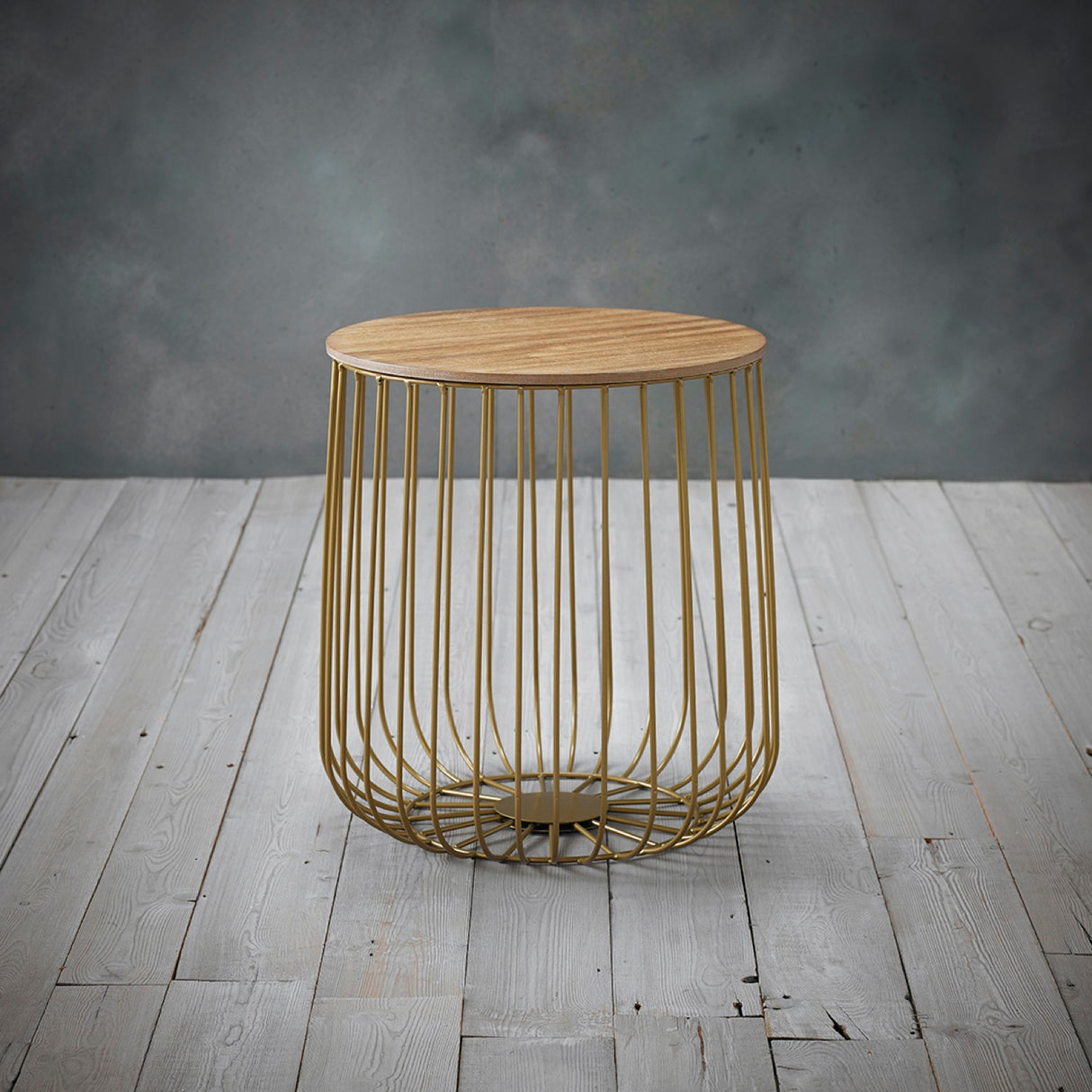Emberly Small Cage Table Gold Frame Oak Marble Top