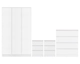 A white furniture set consisting of a tall wardrobe with four doors, a small drawer unit with three drawers, a matching chest with two drawers, and a five-drawer dresser, all shown on a plain white background.