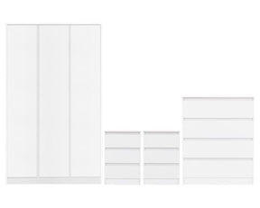 A white furniture set consisting of a tall wardrobe with four doors, a small drawer unit with three drawers, a matching chest with two drawers, and a five-drawer dresser, all shown on a plain white background.