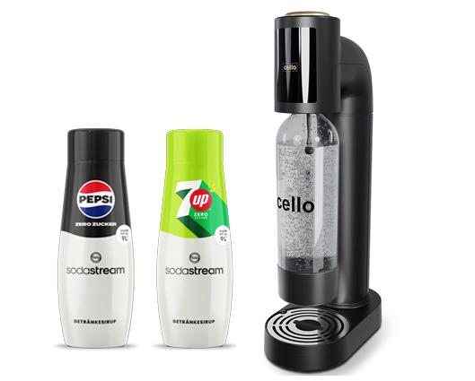 Cello Soda Maker with CO2 Gas Cannister + Pepsi & 7UP Flavour Mix - Black