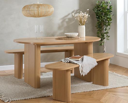 Axel Oval Fluted Dining Table with 2 Benches - Oak