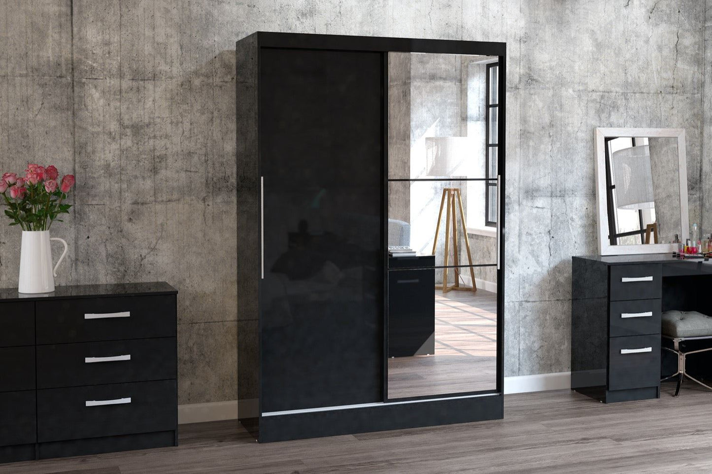 Larz 2 Door Sliding Wardrobe With Mirror - Black