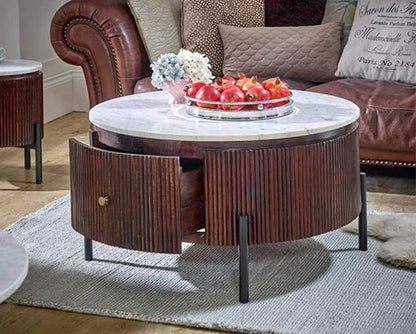 Olin Mango Wood Round Fluted Coffee Table With Marble Top & Metal Legs