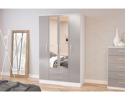 Larz 4 Door 2 Drawer Wardrobe With Mirror - White & Grey