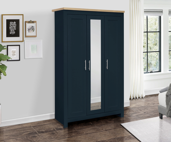 Harper 3 Door Wardrobe With Mirror- Navy Blue & Oak