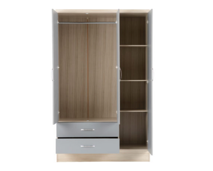 Neptune 3 Door 2 Drawer Mirrored Wardrobe - Grey Gloss/Light Oak Effect Veneer