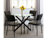 SHELDON ROUND GLASS TOP DINING SET (X4 CHAIRS) - CLEAR GLASS/GREY BOUCLE FABRIC