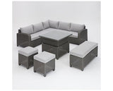 Hadley D.GreyRattan Crnr 5Seat RisingTable+2 stool+bench+Cov