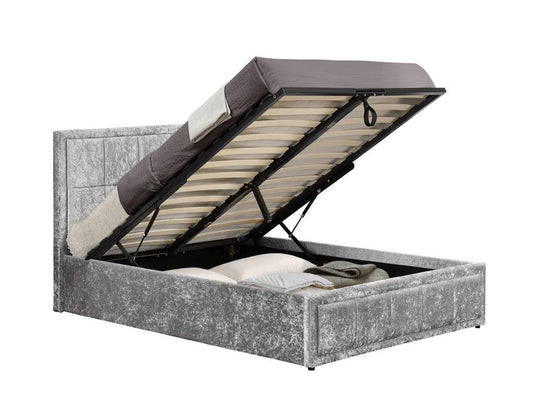 Hannover Small Double Ottoman Bed - Steel Crushed Velvet